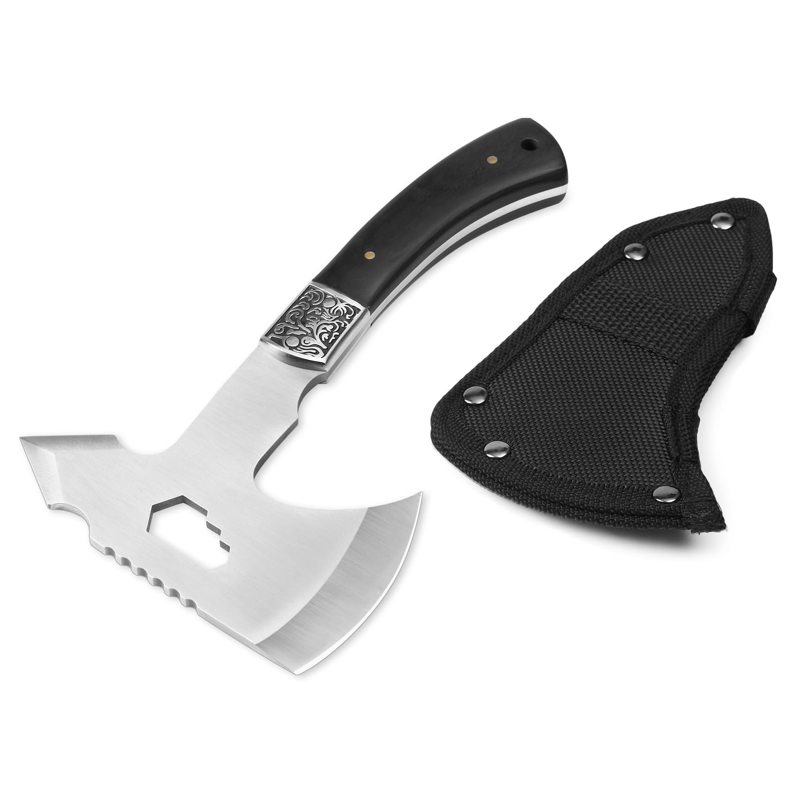 Survival Hatchet Camping Axe with Sheath, Small Tactical Throwing Axes Tomahawk with Piercing Spike for Outdoor Hiking Hunting, Full Tang Hatchets with Wood Handle and Hexagon Wrench