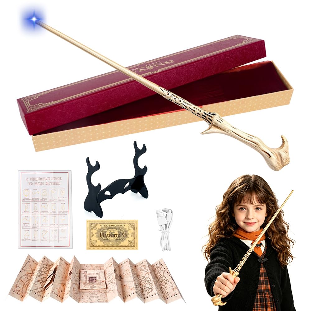HIULLEN Wizard Wand, Magic Wand with Light, USB Charging Light Up Wand with Gift Box, Spell Card, Station Ticket and Necklace for Halloween Cosplay Christmas Birthday (C)
