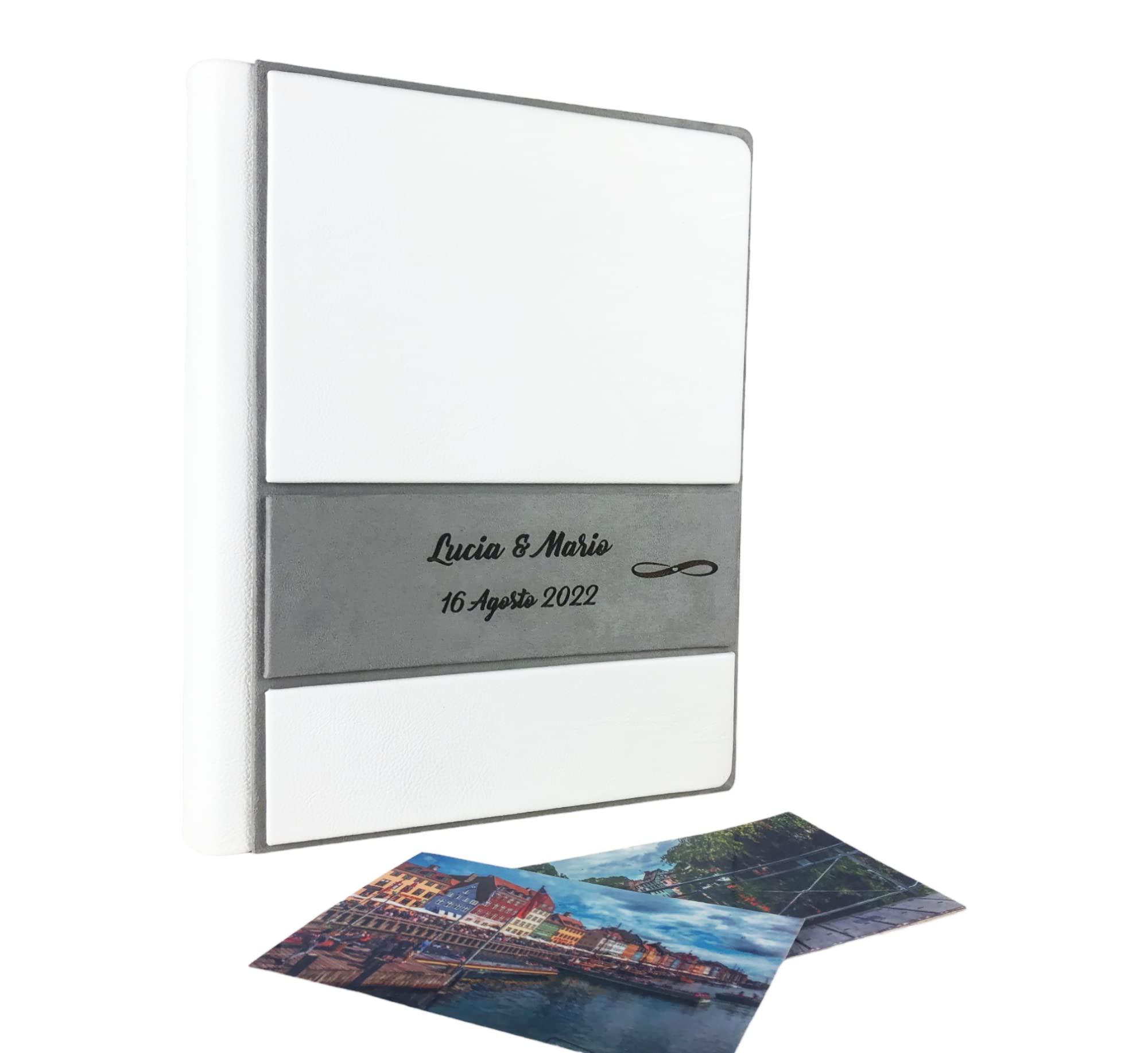 TriVin Art Album Fotografico Artigianale in Alcantara e Similpelle, Personalizzabile con Incisione. Ideale per Qualsiasi Evento. (Bianco/Grigio)