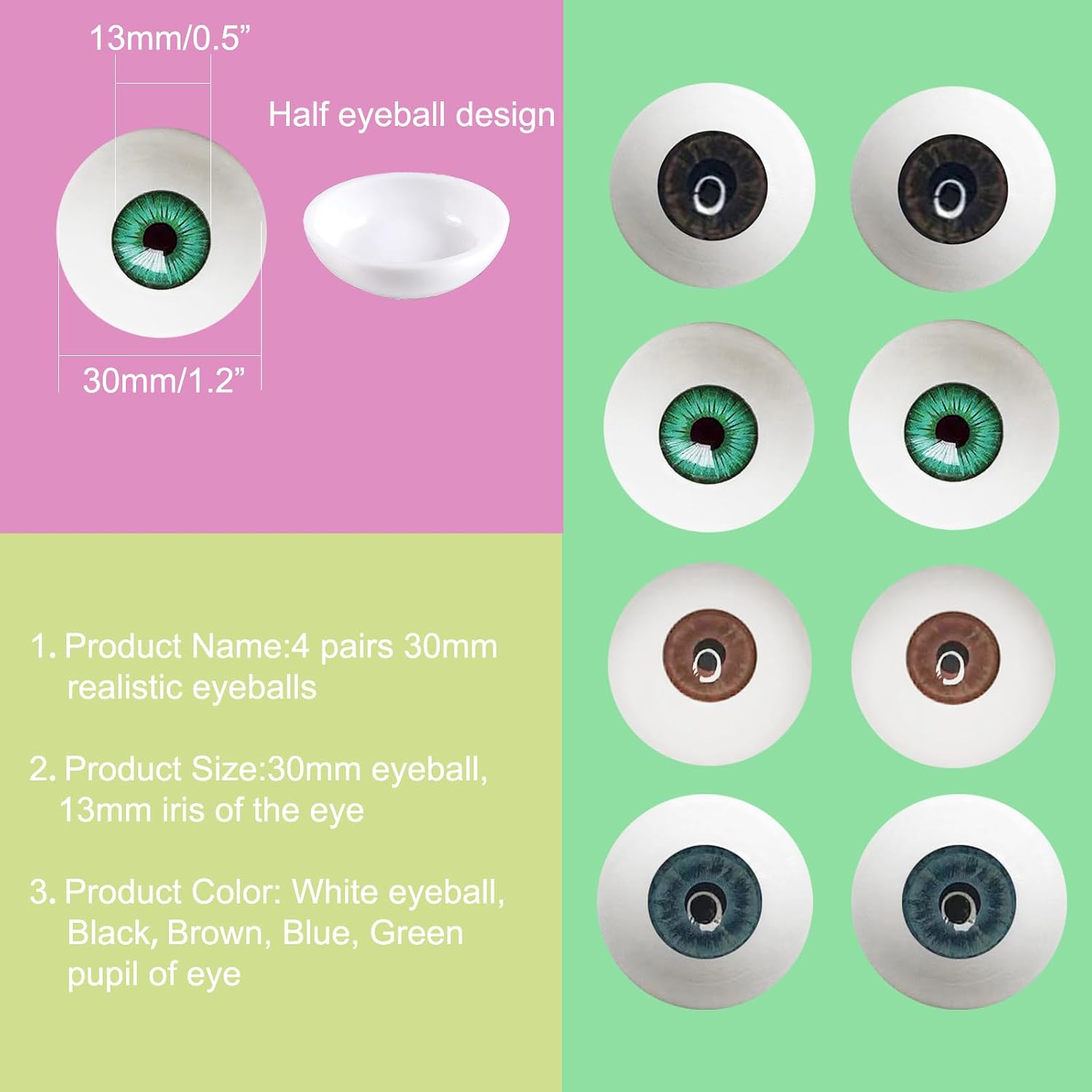 Realistic Acrylic Eyeball, 4 Pairs of 4 Colors Plastic Hollow Eyeball, 30mm Diameter Half Round Fake Eyes for Halloween Party Decor Art Dolls Props, Black, Brown, Green, Blue.