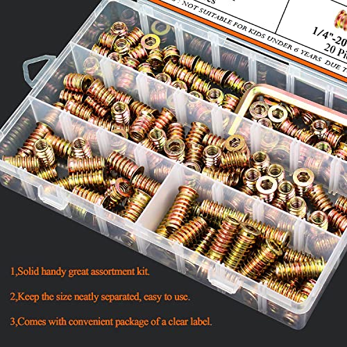 1/4-20 Threaded Inserts, Wood Inserts, Steel Threaded Inserts For Wood Furniture Screw, Helifouner 140 Pieces 1/4"-20 X 10Mm/15Mm/20Mm/25Mm Threaded Inserts Kit With Hex Wrench #TOP5