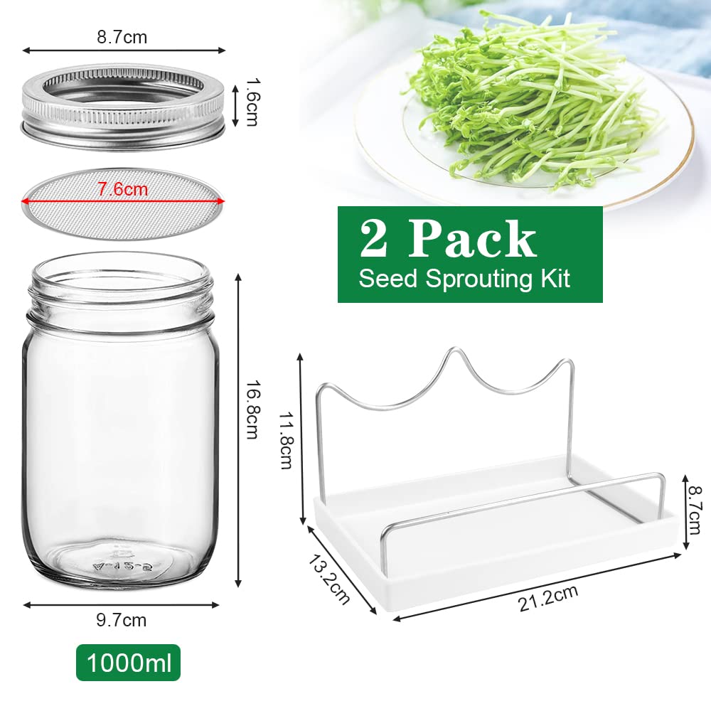 REFORUNG Germogliatore Barattolo Vetro Germogli in Vaso di Vetro da 1000ml Vasetti per Germogli in Vetro con Coperchio a Griglia Copertina in Tessuto e Supporto per Broccoli,Germ,Semi Biologici