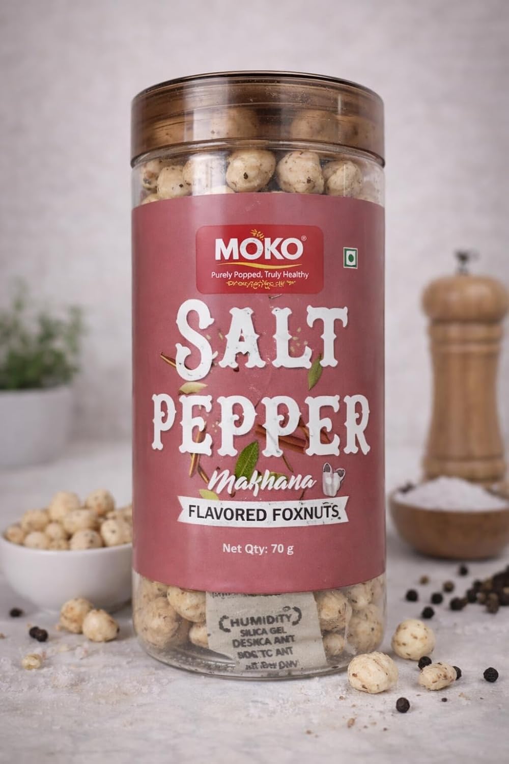 MOKO Salt & Pepper Makhana β Roasted Foxnuts Snack, Gluten-Free & Low Calorie, Protein-Rich Lotus Seeds, Light & Crunchy Healthy Snack, 70g 1