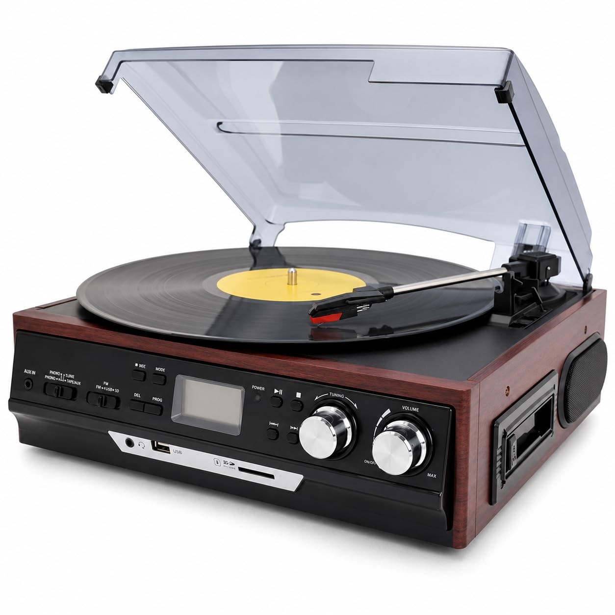 Odtwarzacz płyt vintage z radiem AM/FM, płytą CD, kasetą i głośnikami | Gramofon z trzema prędkościami z odtwarzaniem USB i nagrywaniem MP3 z winylu, płyt CD i radia FM.