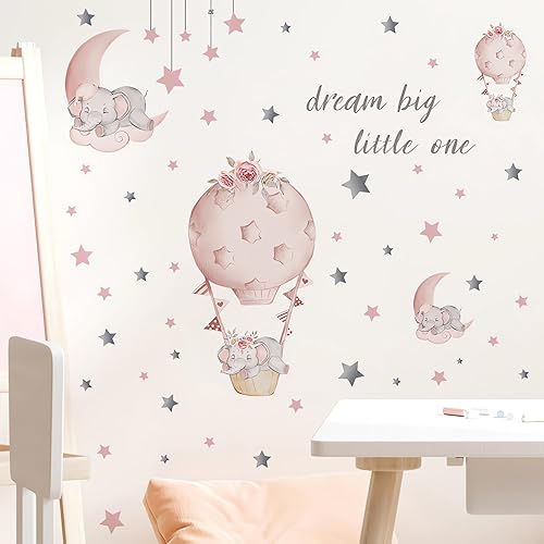 Miniatura 6 de Adhesivo de pared grande con diseño de elefante y elefante rosa durmiendo, sacinora Moon and Stars, vinilo extraíble para niños, guardería,