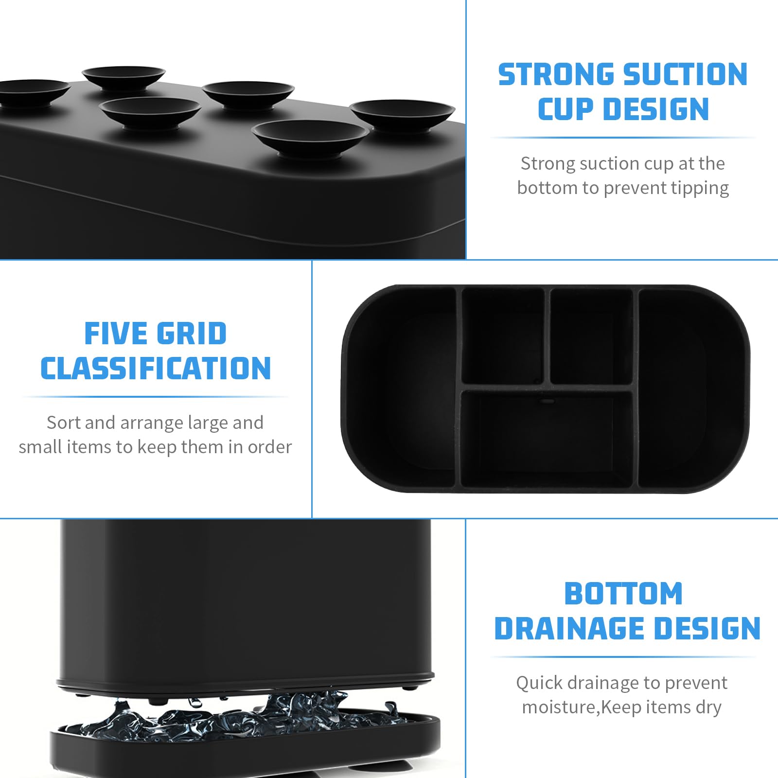 Porta Spazzolini Bagno In Silicone Nero - Impermeabile Con Ventosa, 5 Scomparti E Fondo Drenante - 2