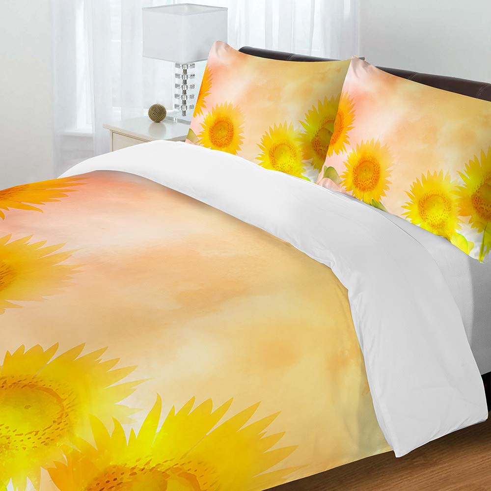 Housse de Couette 200x200 Tournesol avec 2 Taies d'Oreiller | Parure de Lit Hiser Microfibre