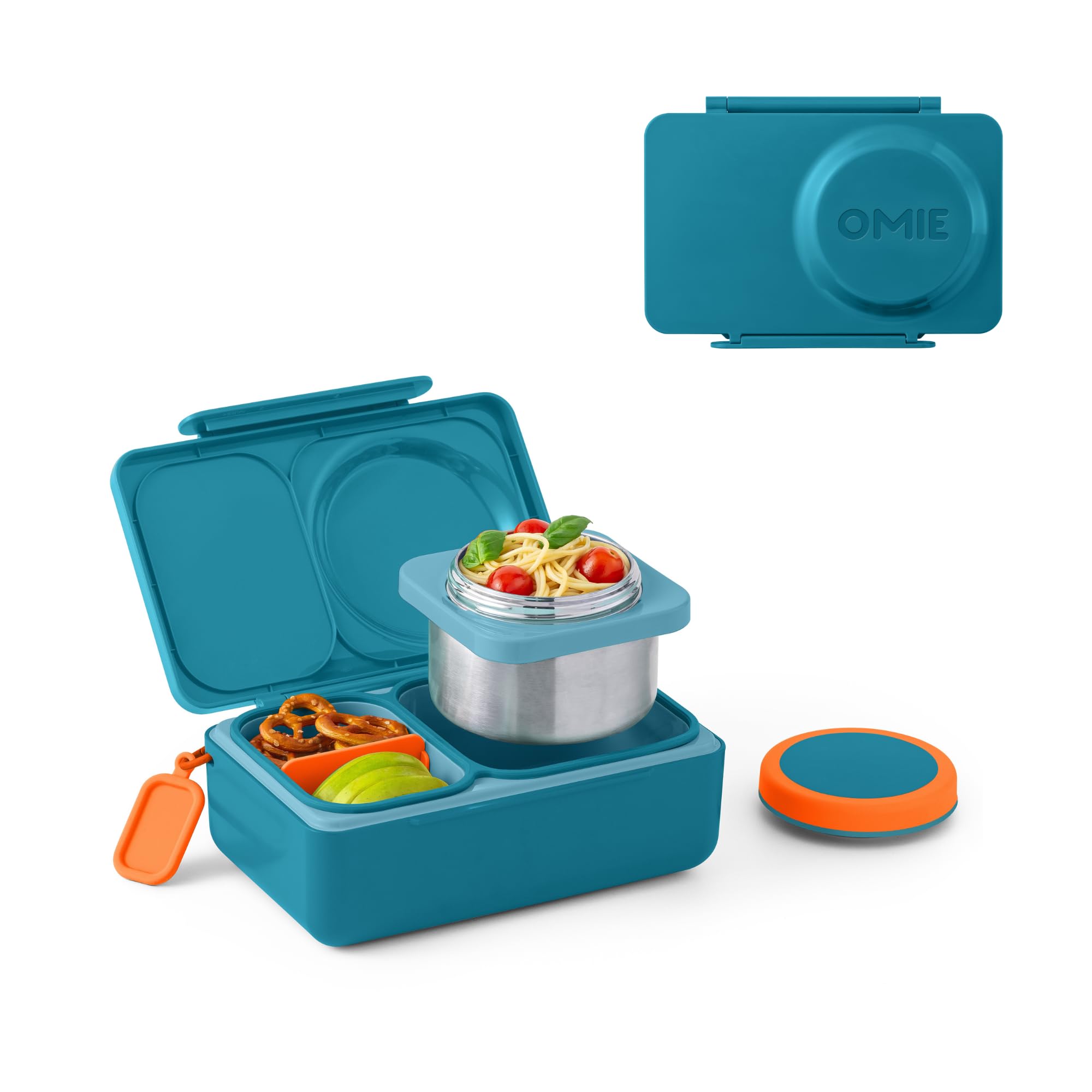 Omie Box Up Bento-Box für Kinder, isolierte Lunchbox, auslaufsichere Thermosdose, Kühler Eisbeutel, 2 Fächer, Blaugrün