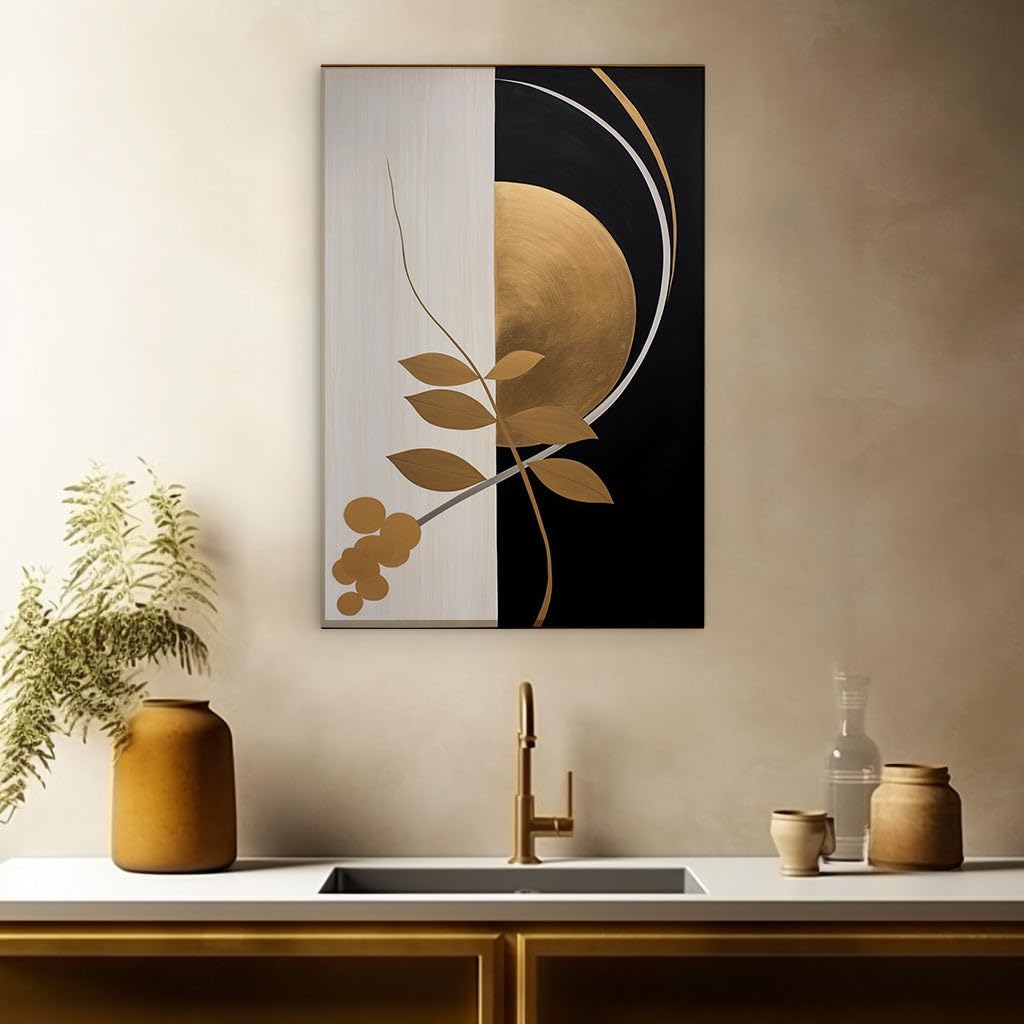 Canvas for Living Room. Golden Botanical Elegance Amidst Monochromatic Mystery, 27 x 18 inch Canvas Wall Art - Ready to Hang