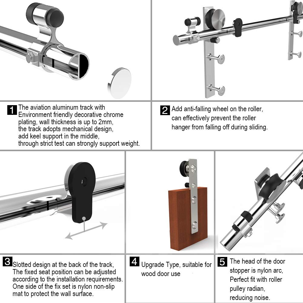 CCJH Kit Coulissant de Porte de Grange 183cm en Acier Inoxydable Système de Rail Coulissant Pour Porte en Bois Unique…