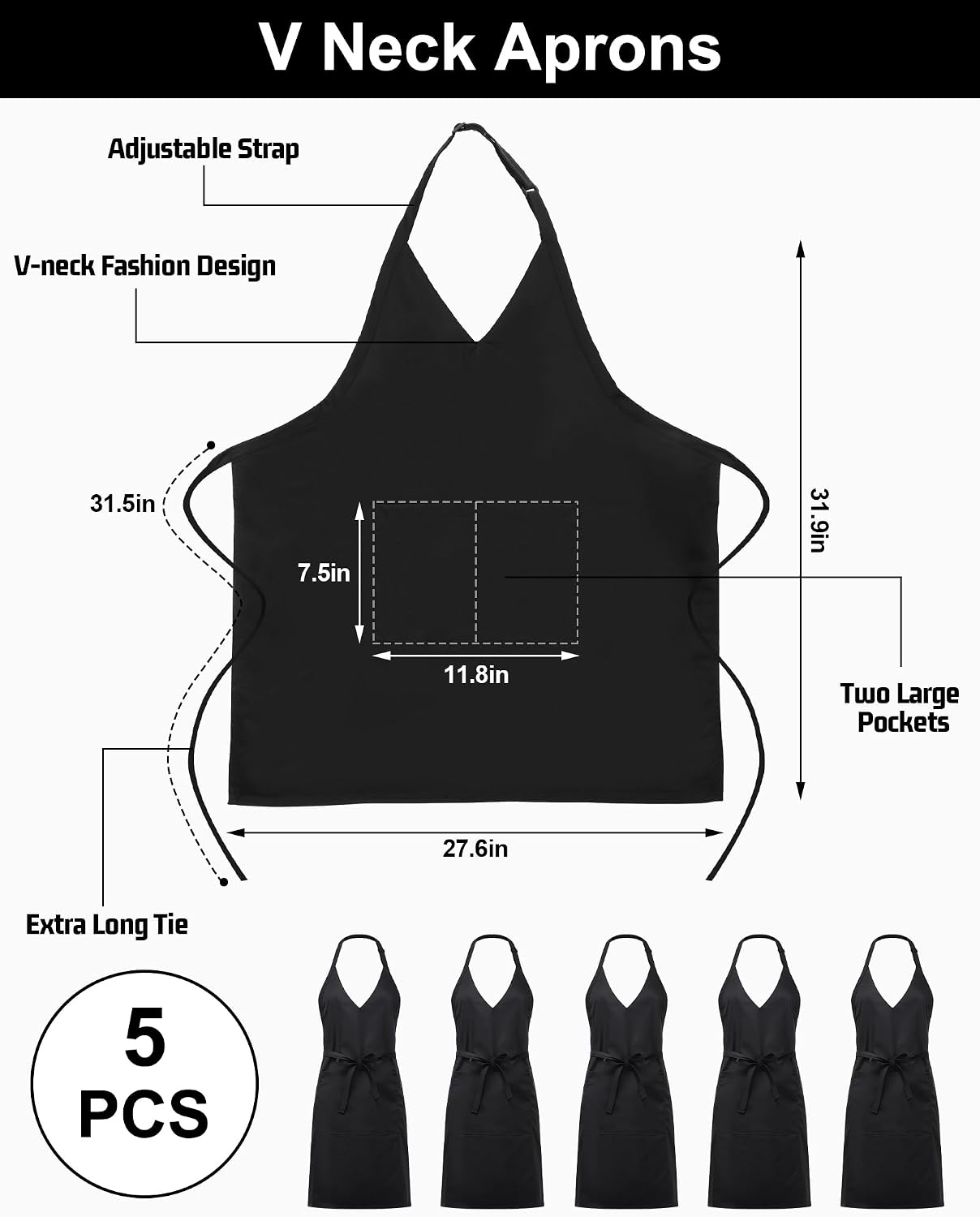 Liitrsh 5 Pcs Unisex V Neck Aprons 2 Pockets Adjustable Black Tuxedo Server Aprons with Long Waist Tie Formal Waiter Pinafore for Banquet Event Server Waiter Bistro Chef Restaurant