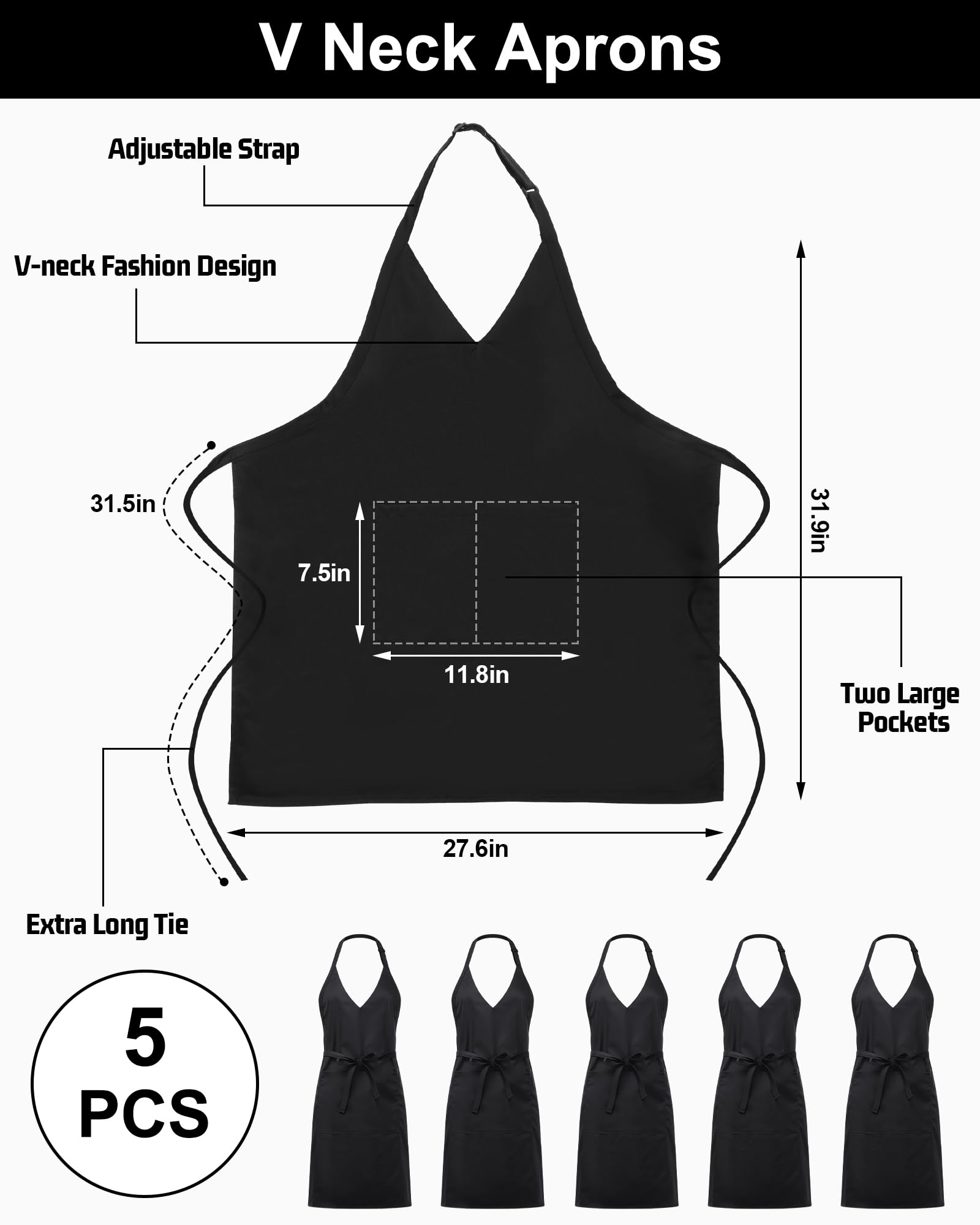 Liitrsh 5 grembiuli unisex con scollo a V, 2 tasche, regolabili, neri, con cravatta a vita lunga, grembiule formale per cameriere, per banchetti, eventi, camerieri, bistrot, chef, ristorante