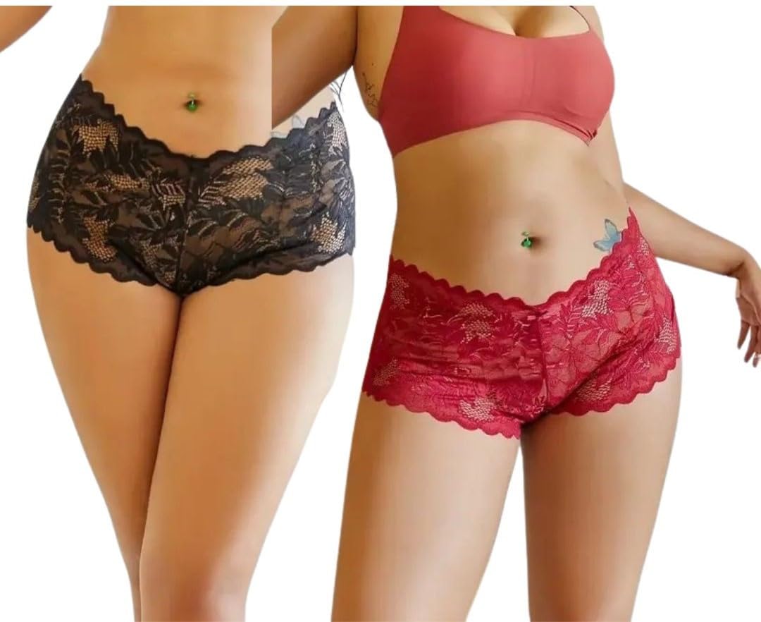 Women’s Floral Lace Boxer Panty | Stylish Boyshort Briefs | Soft, Stretchable & Breathable Underwear Pack of 2 (Multicolor)-image-12
