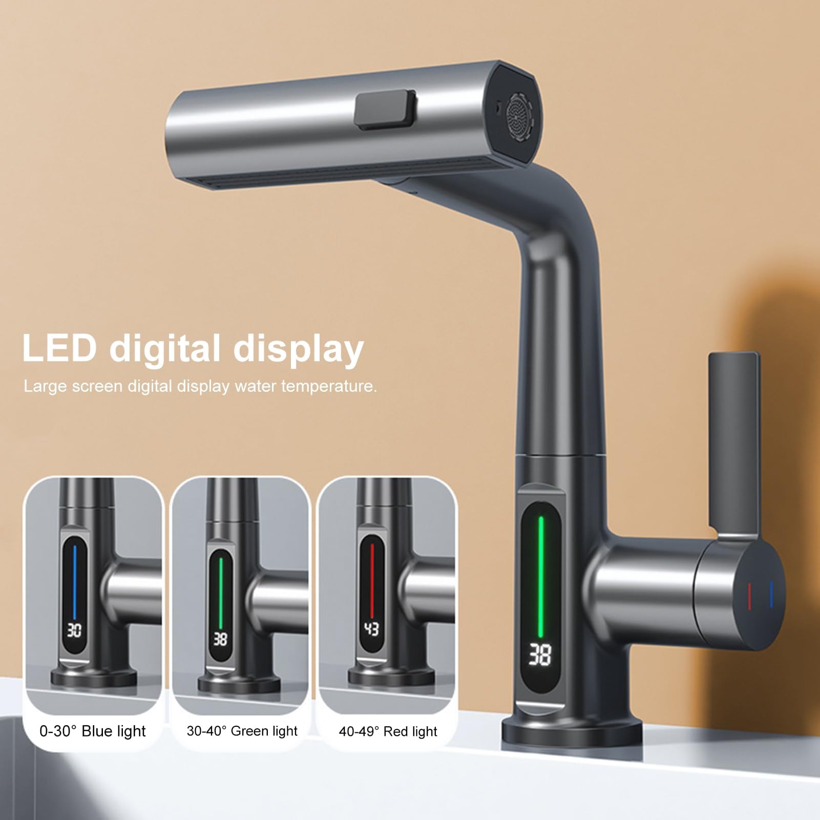 Rubinetto Digitale Estraibile con Design Regolabile in Altezza, 3 modalità di spruzzo, beccuccio Girevole a 360 Gradi, Ideale per casa, Hotel, Cucina, Argento