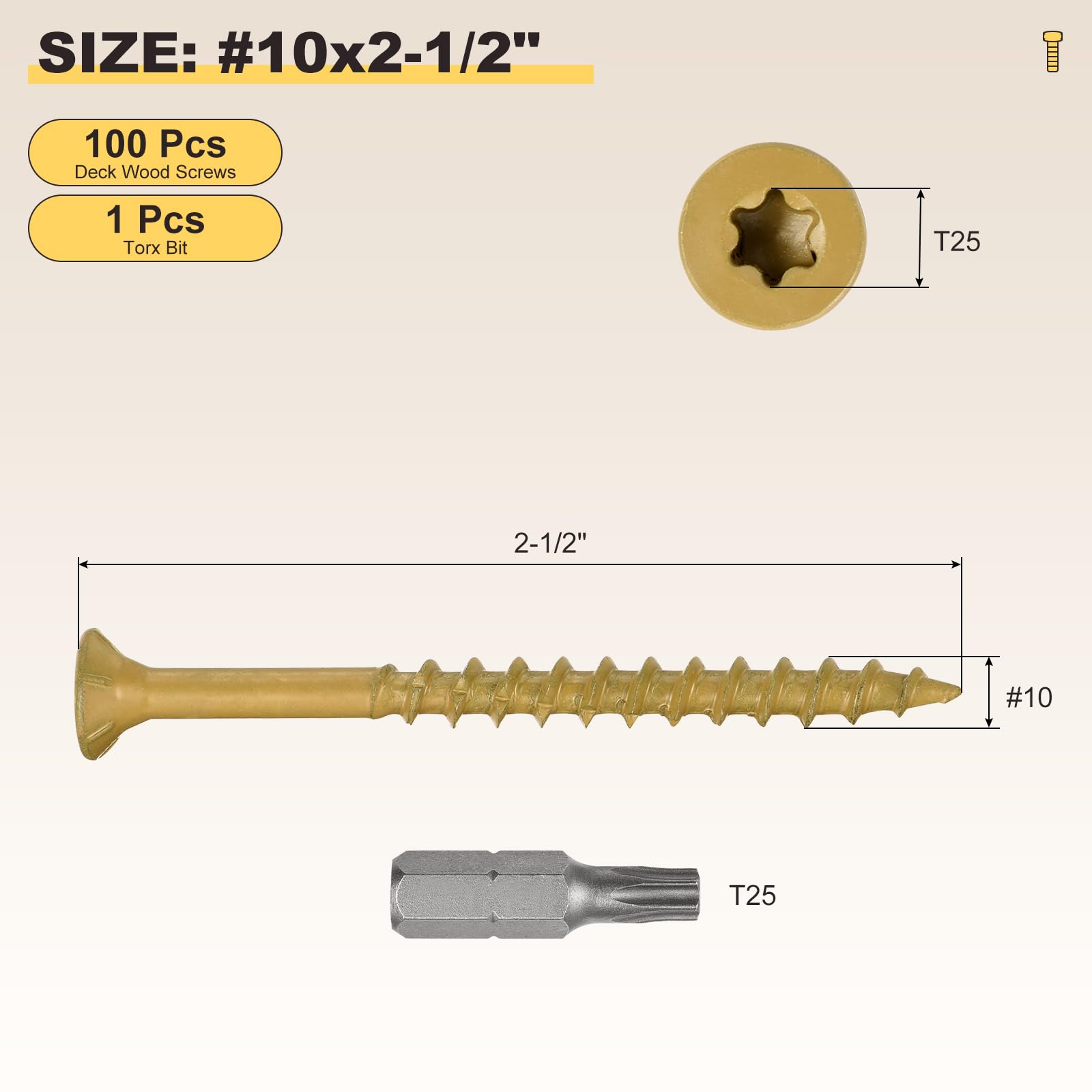 METALLIXITY Deck Screws (#10x2-1/2") 100Pcs, Carbon Steel Wood Screw Decking Screws Epoxy Coated with T25 Torx Drive Head - Image 2