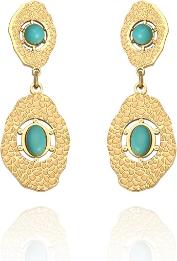 Turquoise Dangle Earrings for Women 14K Gold Plated Boho Jewelry Turquoise Dangle Earrings for Women 14K Gold Plated Boho Jewelry - Chic Resort Wear: Elegant Turquoise Maxi Dress & Cream Pleated Cape Outfit