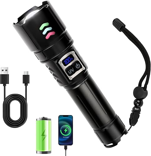 Linterna recargable 2 en 1, linterna LED de alto lúmenes con luz UV, ultra brillante, potentes linternas de mano para acampar emergencias en el hogar