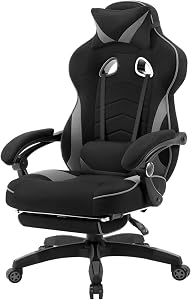 WOLTU Gaming Stuhl Stoff Stoff Kühl im Sommer Ergonomischer, 150 kg Belastbarkeit,Verstellbarer Rückenlehne, Ergonomische Lendenstütze, Fußstütze, Büro- & Game-Sessel, Schwarz+Grau