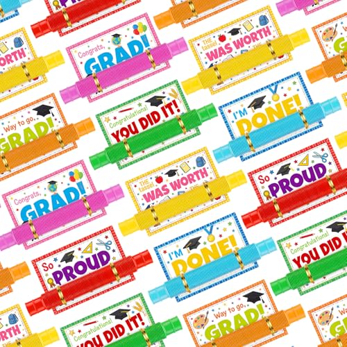 Junkin 24 Sets 2026 Graduation Gifts for Kids Pop Tubes with Kindergarten Graduation Cards Pop Tubes Toys with Class Exchange Cards End of Year Gifts for Students School Prizes Party Supplies