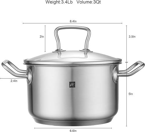 Miniatura 8 de APLSS Olla de acero inoxidable de tres capas de 3 cuartos de galón con doble asa y tapa de vidrio, grado alimenticio y apta para todas las estufas,