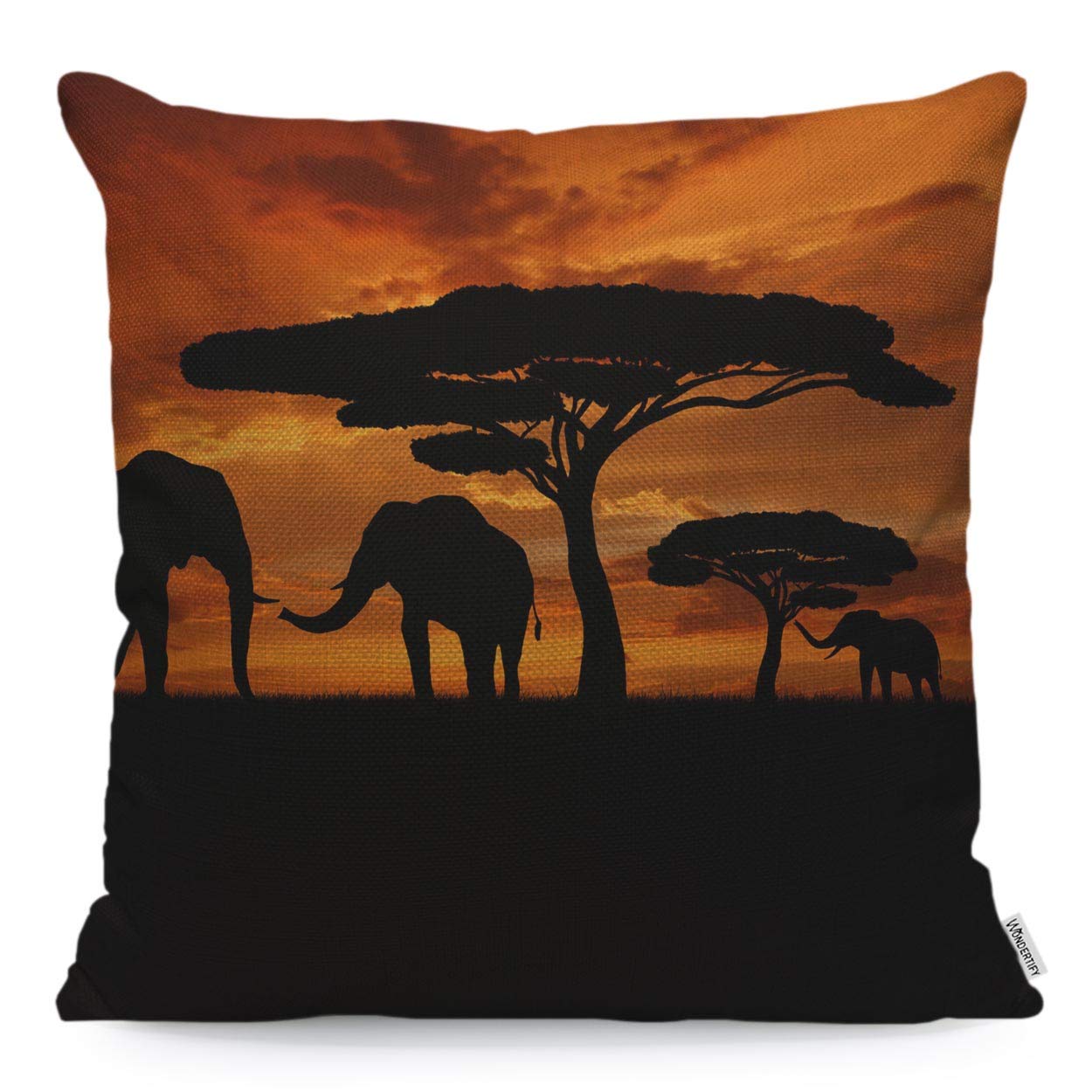 WONDERTIFY Throw Pillow Cover Case African Animal Elephants Family Walk Sunset,Soft Linen Pillow Case for Decorative Bedroom/Livingroom/Sofa/Farm House,Couch Pillow Cushion Covers 18x18 Inch 45x45 cm