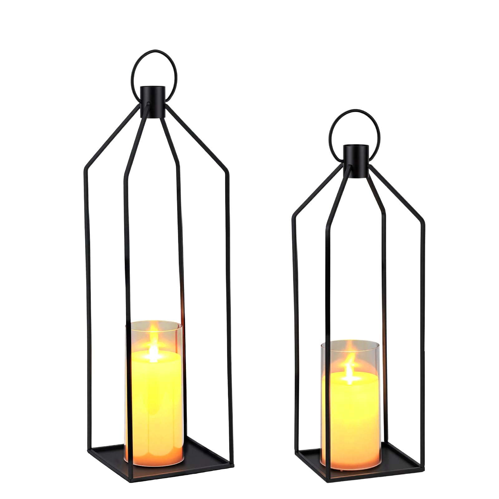 GarveeHome Modern LED Candle Lantern Set, 2 Black (19 in+22 in) Metal Decorative Holders with Flickering Flameless Candles, Remote & 6H Timer, Indoor Outdoor Centerpiece for Home, Fireplace