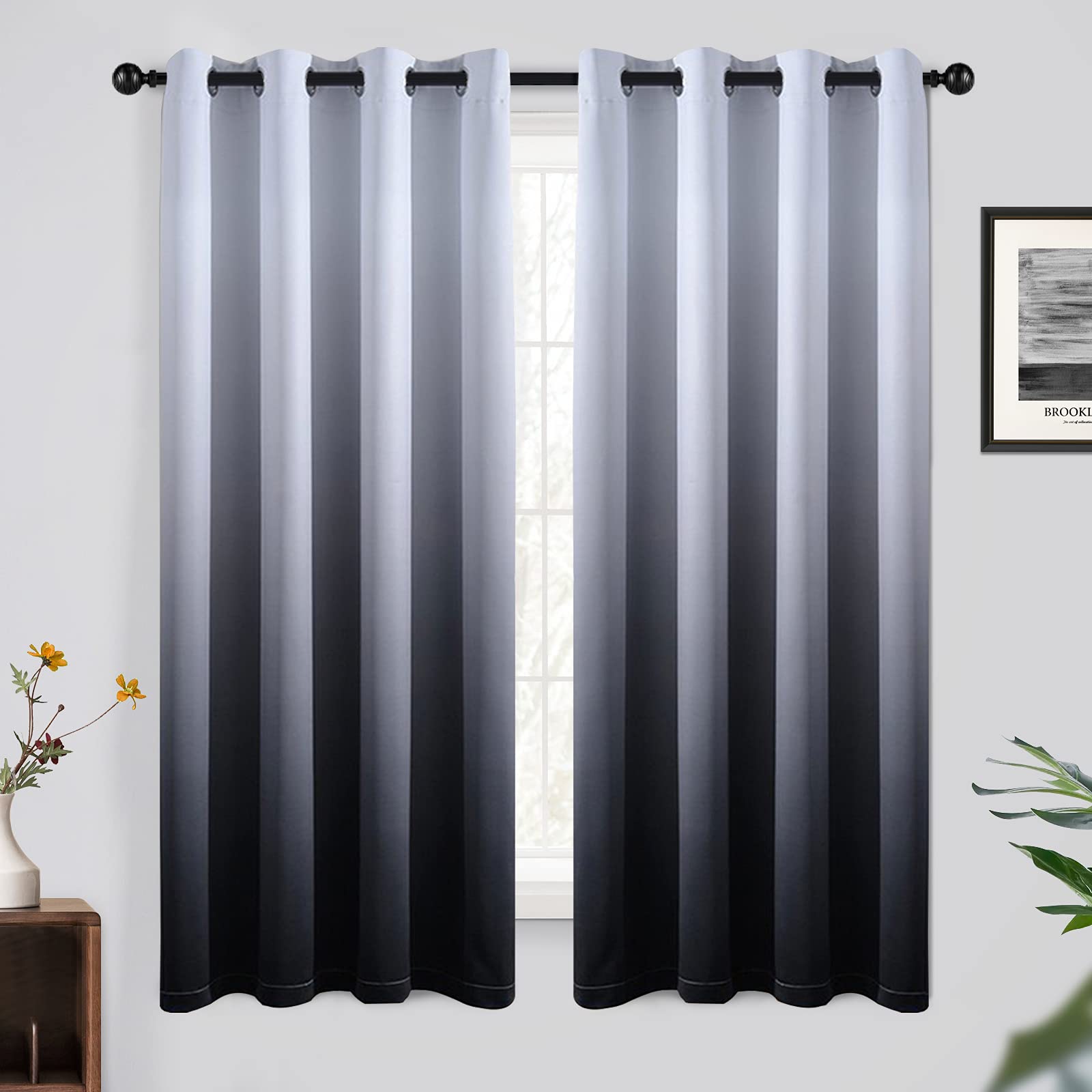Yakamok 63 Inch Long Ombre Curtains,Thermal Insulated Light Blocking Greyish White to Black Gradient Color Curtains, Room Darkening Grommet Window