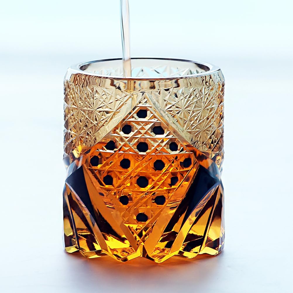 Verre À Shot Cristal Géométrique Creusé Main Double Couche Ambre Noir Tumbler À Alcool Fond Lourd pour Whisky Vodka Saké Verre Bar Luxe Cadeau Homme Anniversaire Décoration Maison