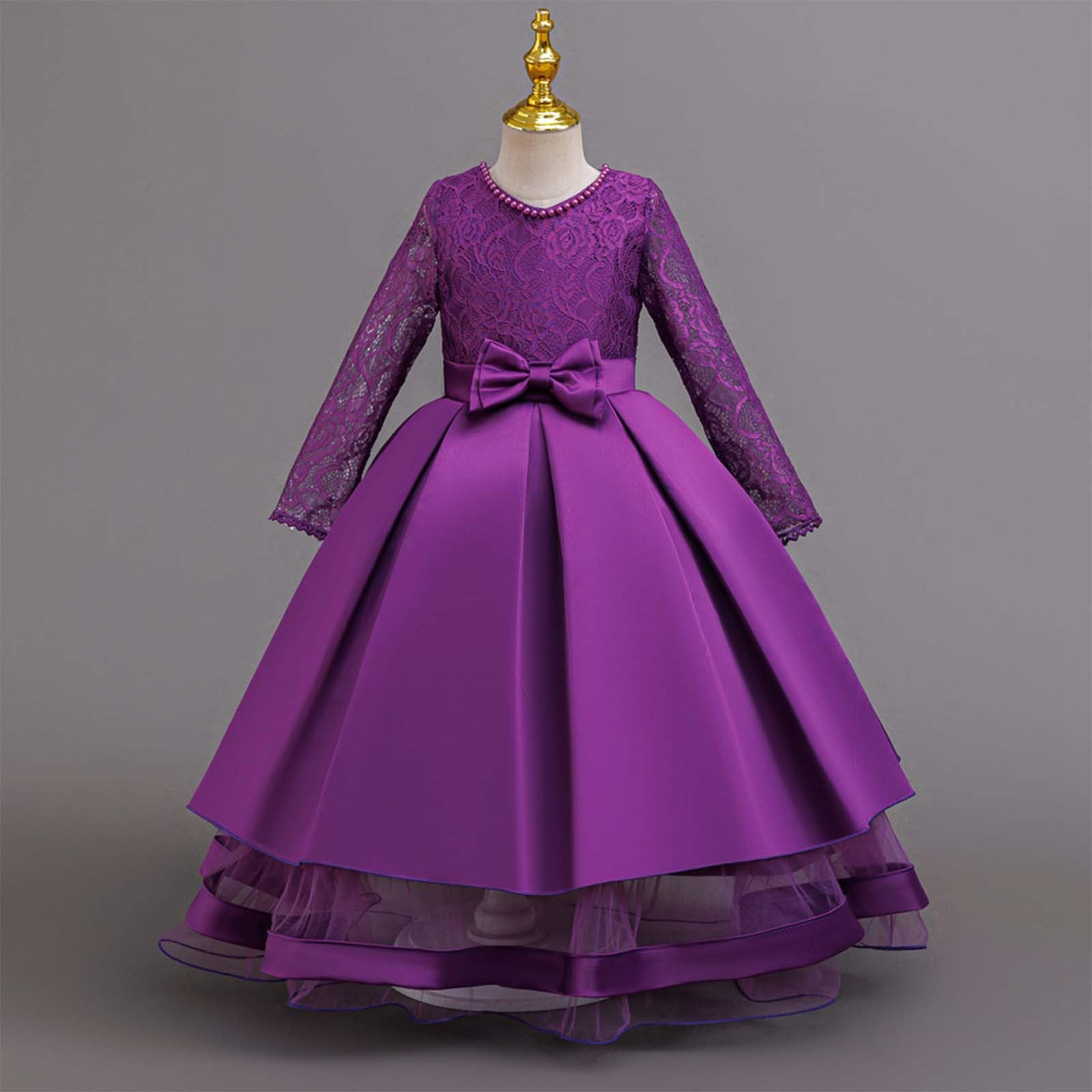 Generisch Elegante abito da festa da bambina con finiture in pizzo, maniche lunghe, top in raso con fiocco