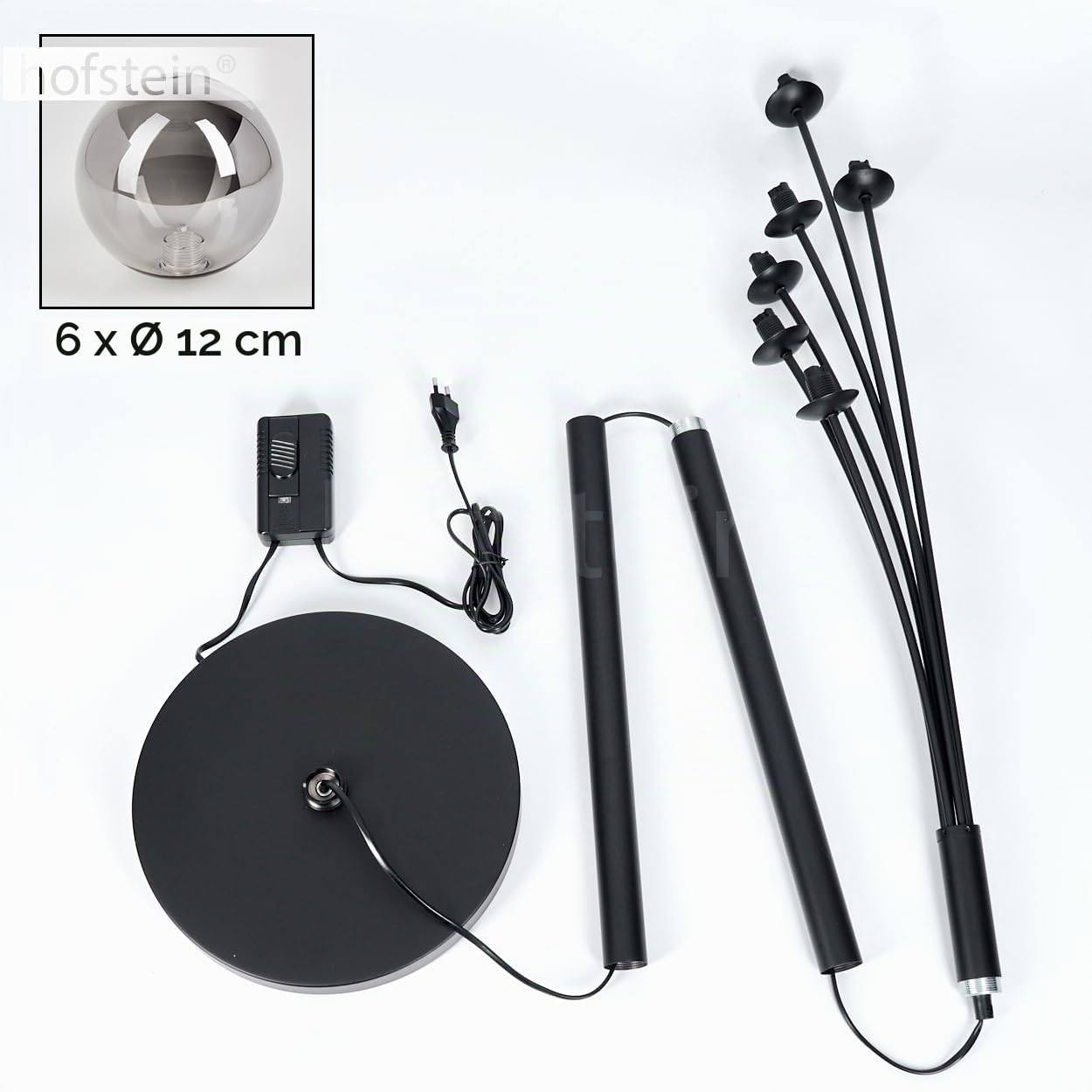 Lampadaire Bernado, lampadaire en métal/verre noir/fumé,design moderne rétro/vintage avec abat-jour en verre (Ø 12 cm), intensité lumineuse variable via l'interrupteur à pied, 6 x G9, sans ampoule