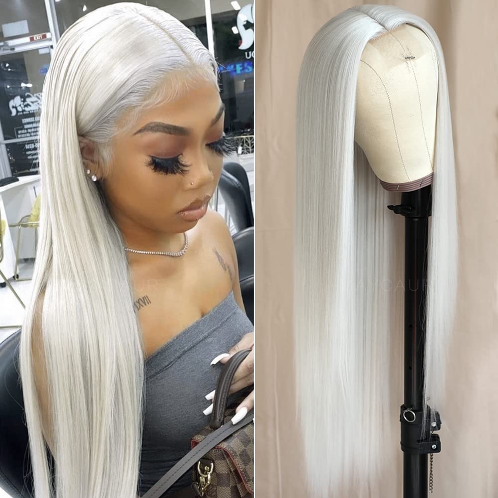 Maycaur Platinum White Synthetic Hair Wigs with Natural Hairline Long Straight Women's Wig 24 Inch Heat Resistant Synthetic No Lace Wigs for Fashion Women