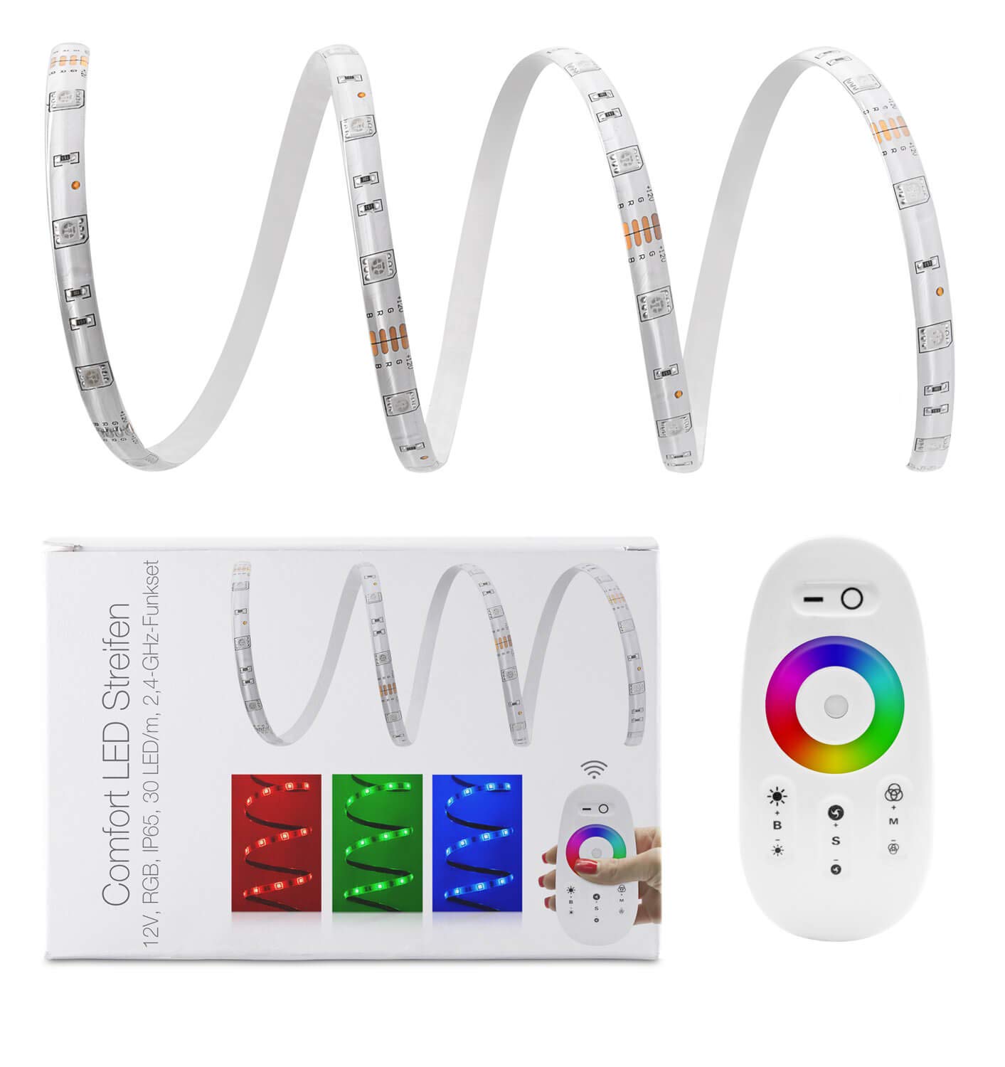 1 m RGB Tira LED Set (30 LED/M, IP65) Incluye 2,4 GHz inalámbrico controlador, mando a distancia y fuente de alimentación