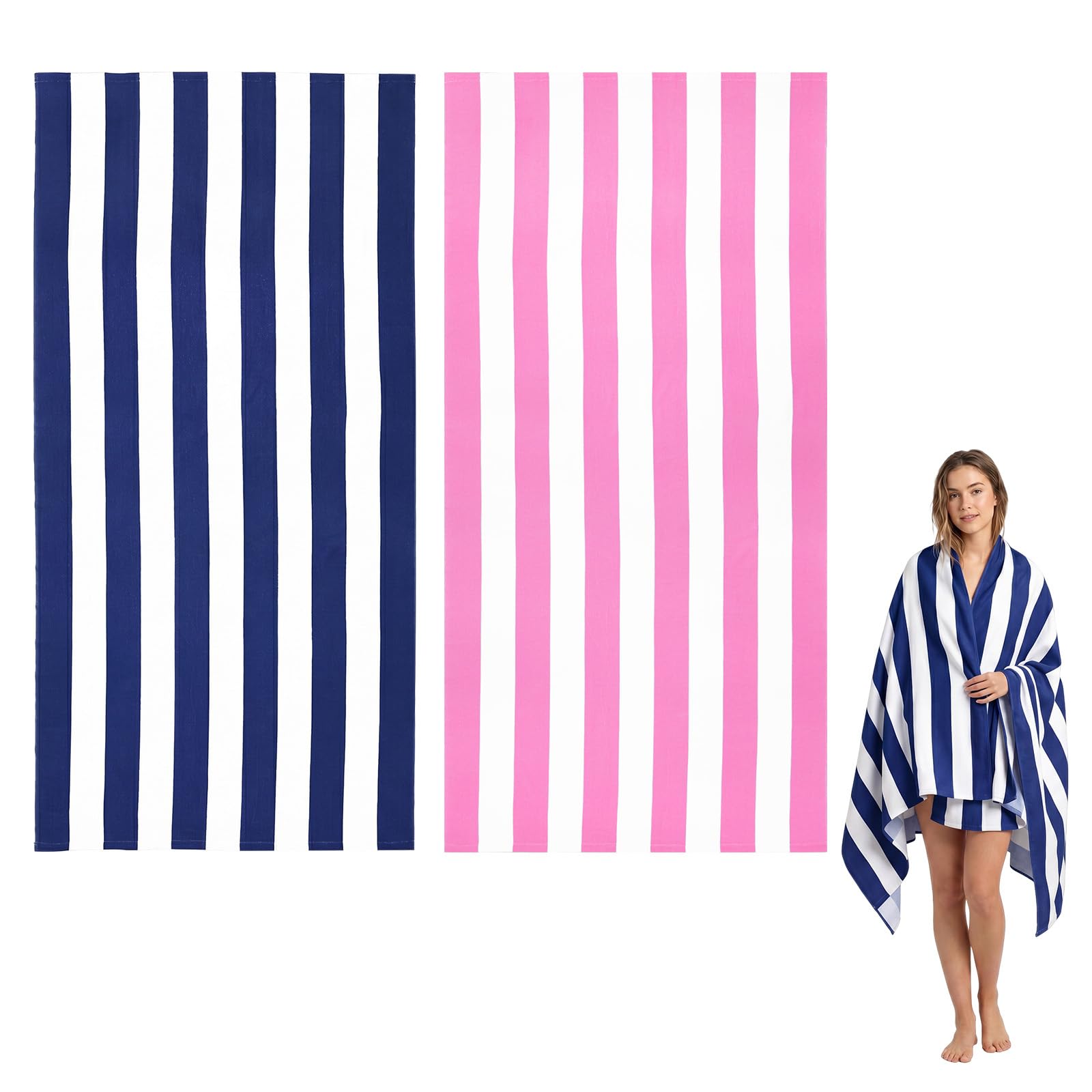 HDFHDF Beach Towels for Adults Striped Microfiber Towel 90 * 180CM Water Absorbing Sports Bath Towel for Swimming Seaside Vacation(Navy Blue+Pink stripe)