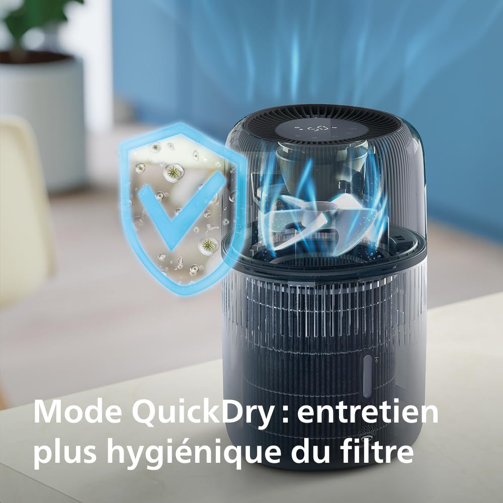 Philips Humidificateur d'air Série 5000 - jusqu'à 45m², débit de 300ml/h, silencieux 12dB, NanoCloud 99% bactéries en moins, 4.5L, mode sommeil, minuteur, connecté, aromathérapie, Noir (HU5600/03)