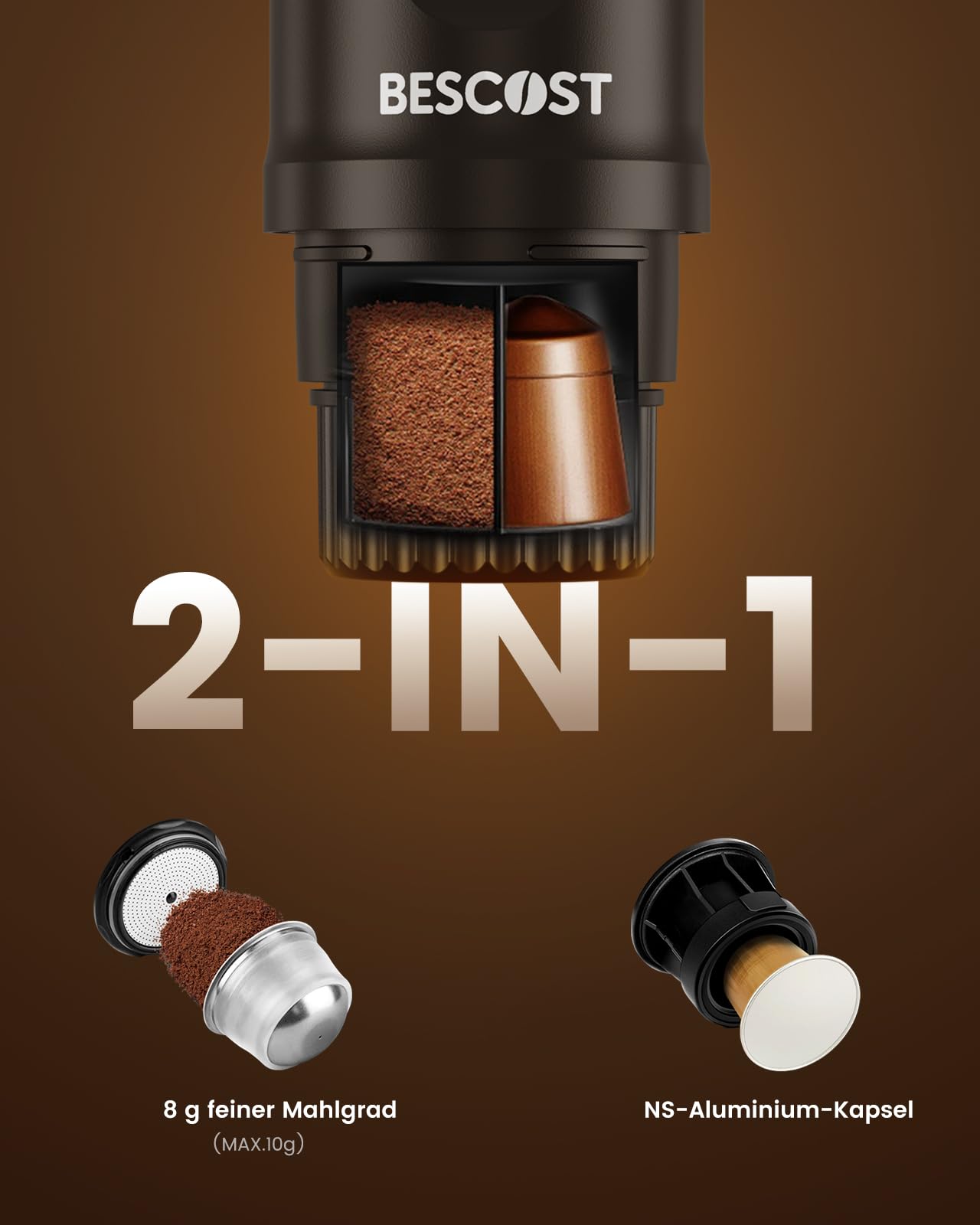 Tragbare Espressomaschine mit Akku 20 Bar, Camping Kaffeemaschine für unterwegs USB-C, 2 in 1 Reisekaffeemaschine für NS Kapseln & Kaffeepulver, Auto, Wohnmobil, Wandern, Reise