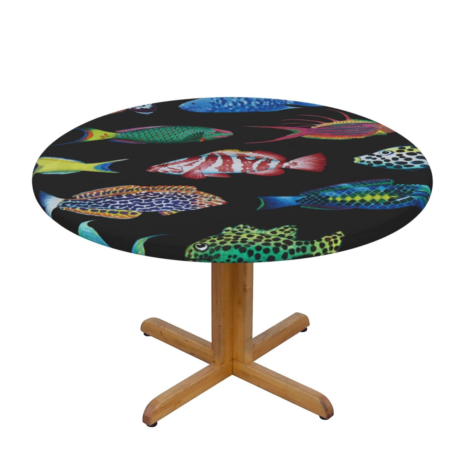 Lsjuee Round Fitted Tablecloth 40-44in Elastic Edged Table Cloth for Kitchen Dining Party Home Decor - Colorful Striped Fish Coral