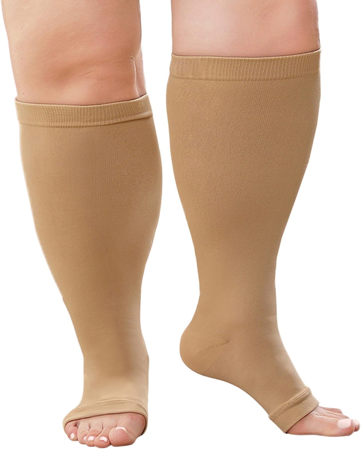 Plus Size Compression Socks: Men Women Wide Calf Open Toe Graduated Medical Support Stockings Toeless Flight Pressure Socks for Varicose Vein Swollen Legs Pregnancy Nurses Travel 1 Pair 20-30 mmHg