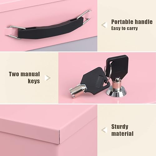 Miniatura 5 de xydled Caja fuerte resistente al fuego con cerradura de llave para almacenamiento de seguridad de objetos de valor, 12.8 x 8.5 x 4.5 pulgadas, rosa