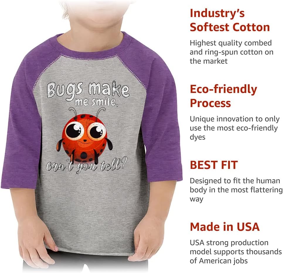 Bugs Make Me Smile Toddler Baseball T-Shirt - Cool Saying 3/4 Sleeve T-Shirt - Graphic Kids' Baseball Tee