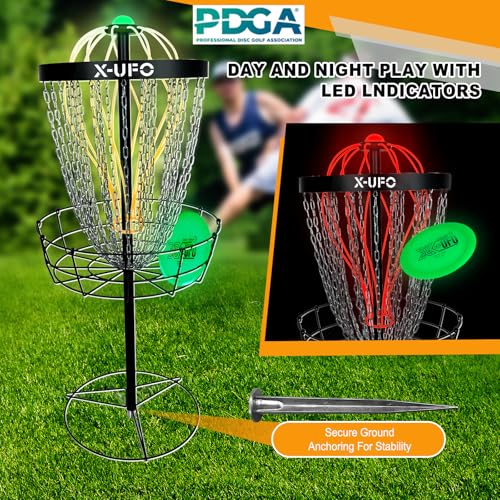 X-UFO Disc Golf Basket with 12 Lights & 24 Chains Portable Disc Golf Sports Professional Golf Discs Set with Weighted Discs, Sturdy Pole & Base, Heavy Duty 24 Chains, 12 Night Lights