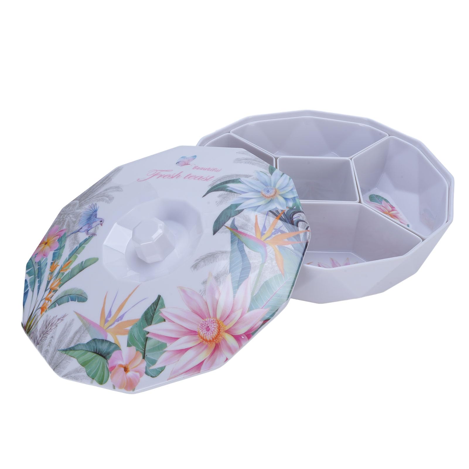 Gsycle Divided Serving Tray with Lid, 5 Compartment Round Plastic Snack Trays for Party Candy Organizer for Dried Fruits, Nuts, Sweet Cookies and Fruits (Style 2)