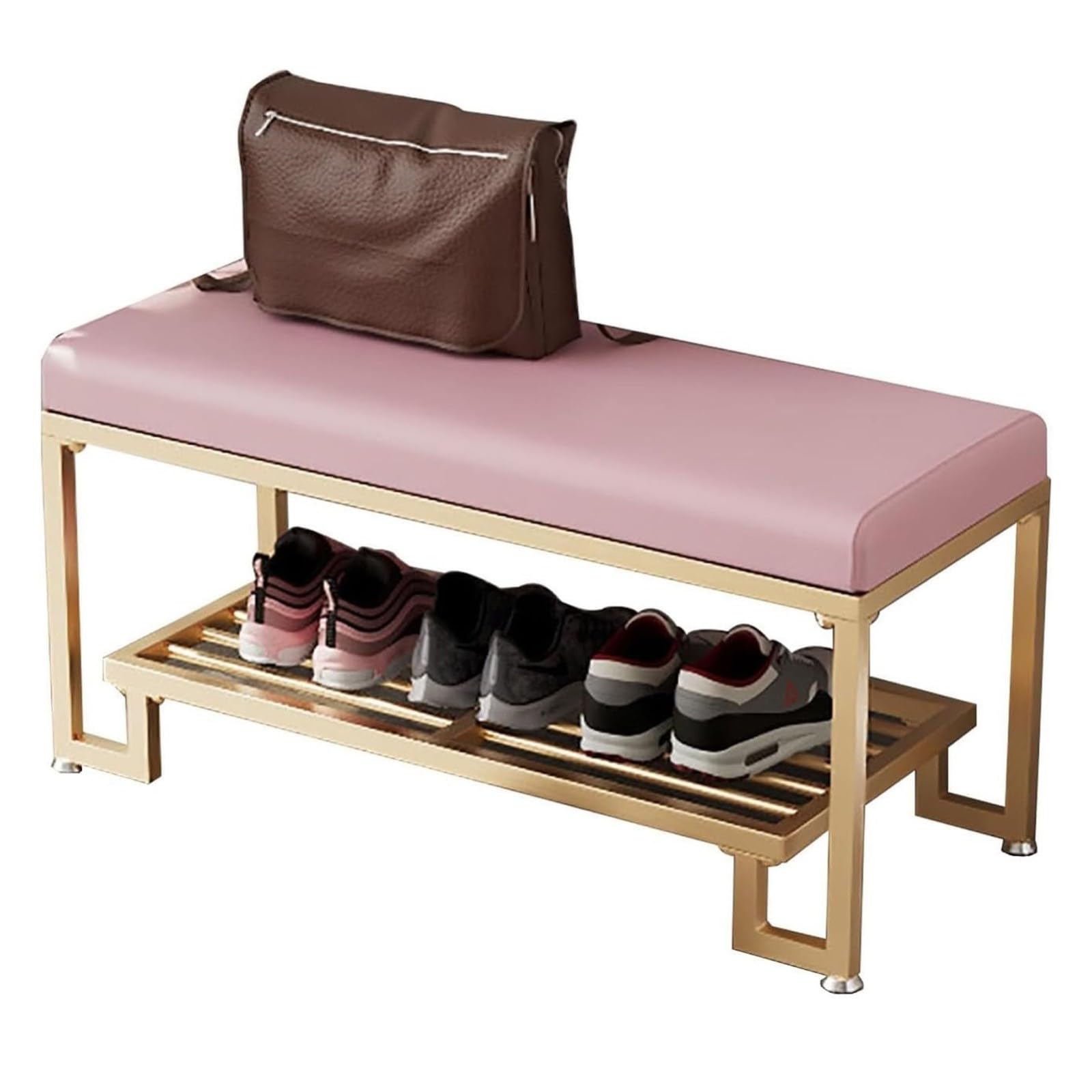 WJFTODAY Pink Storage Bench Padded Shoe Rack Metal Entryway Space Saving Shoe Bench for Hallway Living Room & Porch 20in/50cm Stylish Front Door Furniture