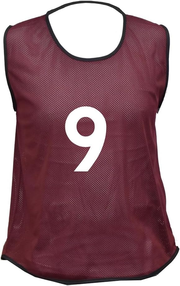 10 MESH BIBS FOOTBALL TRAINING SPORTS BIBS PRINTED NUMBER (1-10 OR number of your choice) Front & Back (Maroon (Back Only), Small boys(U8's))