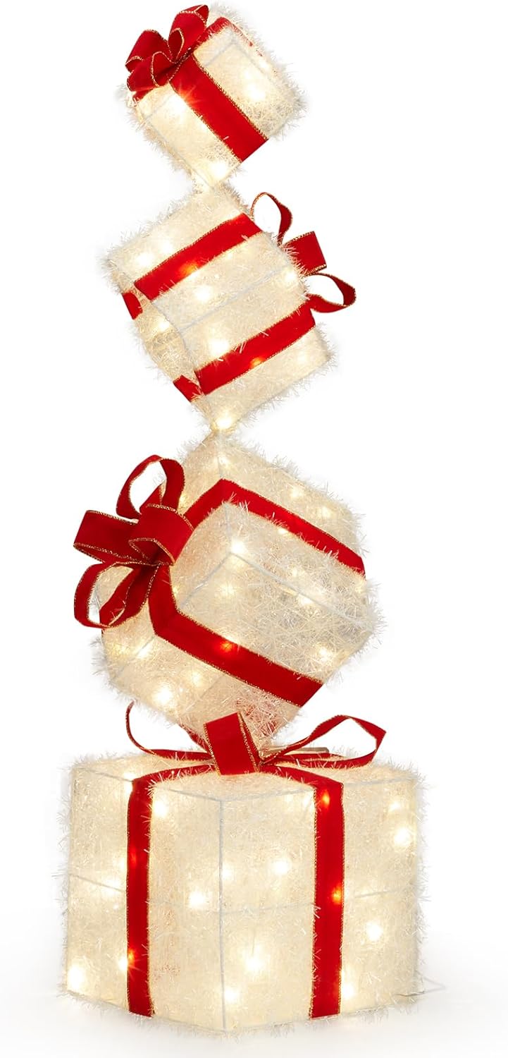 39.4in Lighted Gift Box Tower,Pre-lit Stacked Present Boxes Ornament,Christmas Lighted Gift Boxes Outdoor Decorations,with LED Lights and Stakes,for Indoor Yard Garden Lawn Home Holiday Decor