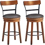 COSTWAY Bar Stools Set of 2, 360-Degree Swivel Stools with Leather Padded Seat, Single Slat Ladder Back & Solid Rubber Wood Legs, Counter Height Stools for Pub, Restaurant, Kitchen, Brown (2, 25.5)