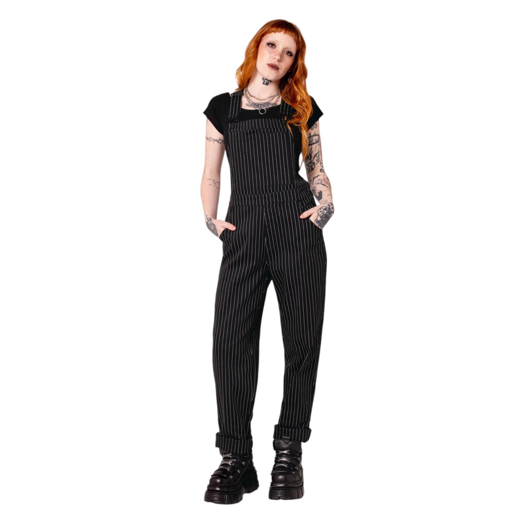 Hell Bunny Nadelstreifen-Latzhose, schwarz-weiß, Stretch-Baumwoll-Twill, Gothic-Alternative-Hose