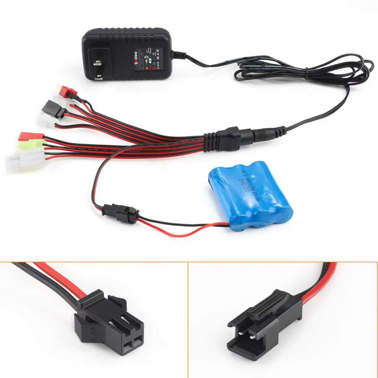 Cargador de batería RC, cargador de coche RC 2S-10S para 4.8 V, 7.2 V, 8.4 V, 9.6 V, NiMh/NiCd con 19 enchufes (no cargar para baterías Lipo/Li-ion/LiFePO4)