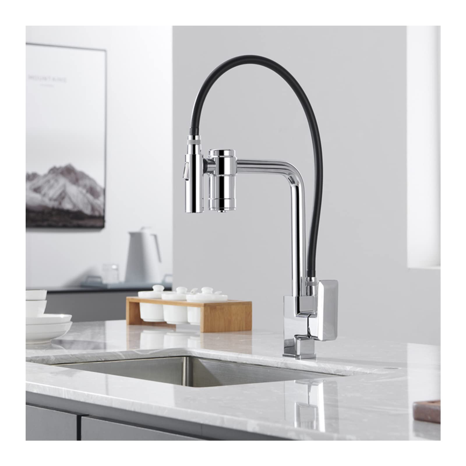 Mitigeur de cuisine avec douchette noir et robinet évier avec filtre à eau