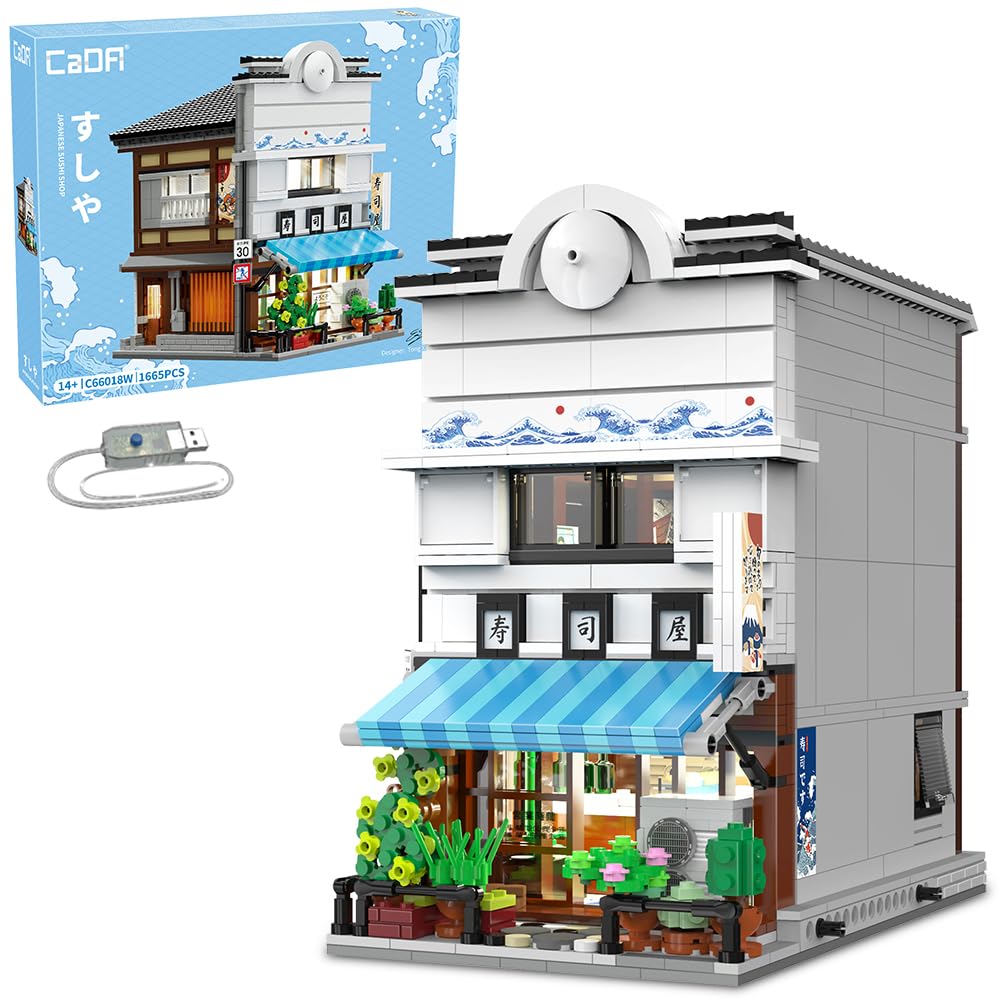 CaDA Master Japanisches Sushi-Haus Bausteinset C66018W Kreativer Stadtbaustein-Bausatz mit Beleuchtung, 1665 Teile Straßenhaus-Idee Geschenk für Erwachsene
