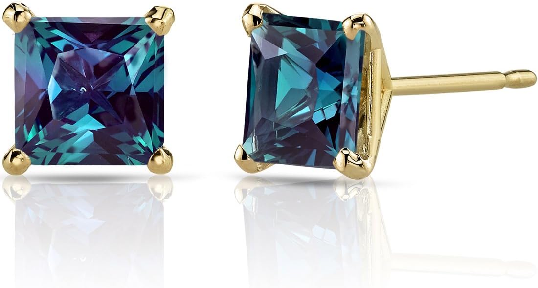 Peora Solid 14K Yellow Gold Created Alexandrite Stud Earrings for Women, Color Change Classic Solitaire, 2.50 Carats total Princess Cut, Hypoallergenic, Friction Back, June Birthstone